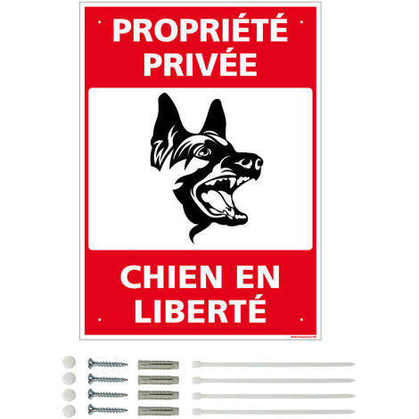 Panneau de signalisation prépercé PVC ou ALU rectangulaire + kit de fixation - Propriété privée, chien en liberté - ALU 2 mm - 150 x 210 mm