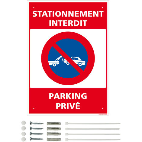 Panneau de signalisation prépercé PVC ou ALU rectangulaire + kit de fixation - Stationnement interdit, parking privé - ALU 2 mm - 300 x 420 mm