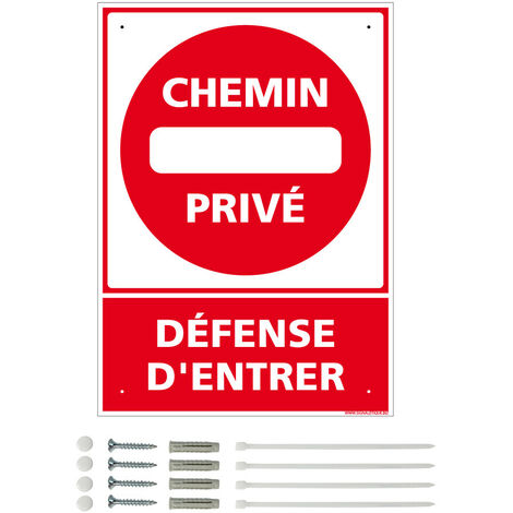 Panneau de signalisation prépercé PVC ou ALU rectangulaire + kit de fixation - Chemin privé, défense d'entrer - ALU 2 mm - 210 x 300 mm