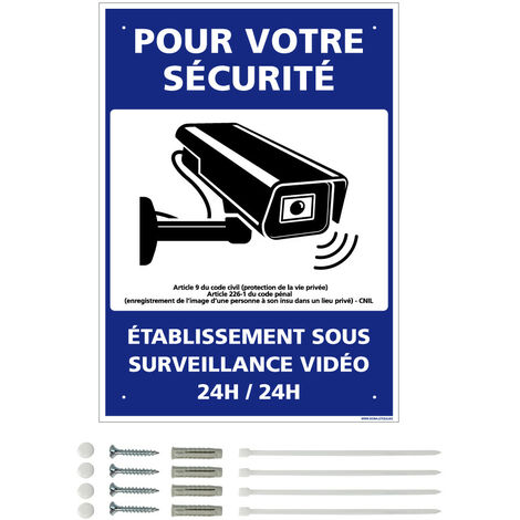 Panneau de signalisation prépercé PVC ou ALU rectangulaire + kit de fixation - Pour votre sécurité, établissement sous surveillance vidéo - PVC 1 mm - 300 x 420 mm