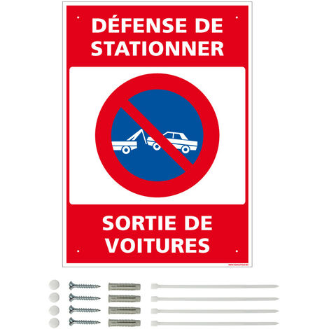 Panneau de signalisation prépercé PVC ou ALU rectangulaire + kit de fixation - Défense de stationner, sortie de voitures - ALU 2 mm - 300 x 420 mm