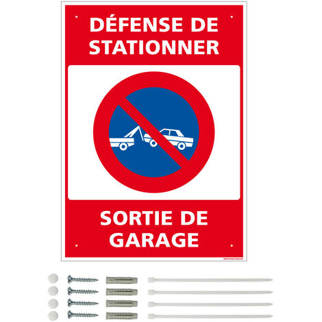 Panneau de signalisation prépercé PVC ou ALU rectangulaire + kit de fixation - Défense de stationner, sortie de garage - PVC 1 mm - 210 x 300 mm