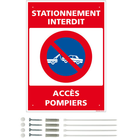 Panneau de signalisation prépercé PVC ou ALU rectangulaire + kit de fixation - Stationnement interdit, accès pompiers - PVC 1 mm - 150 x 210 mm