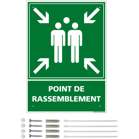 Panneau de signalisation prépercé PVC ou ALU rectangulaire + kit de fixation - Point de rassemblement - ALU 2 mm - 300 x 420 mm
