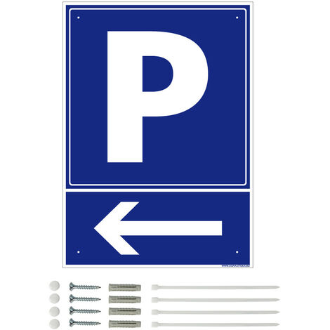 Panneau de signalisation prépercé PVC ou ALU rectangulaire + kit de fixation - Parking flèche à gauche - ALU 2 mm - 210 x 300 mm