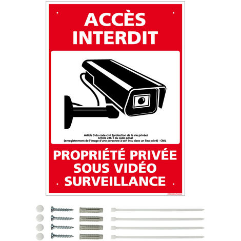 Panneau de signalisation prépercé PVC ou ALU rectangulaire + kit de fixation - Accès interdit, propriété privée sous vidéo surveillance - ALU 2 mm - 210 x 300 mm