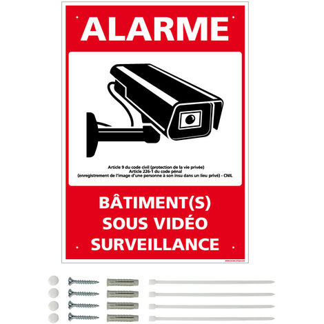 Panneau de signalisation prépercé PVC ou ALU rectangulaire + kit de fixation - Alarme, bâtiment(s) sous vidéo surveillance - ALU 2 mm - 300 x 420 mm