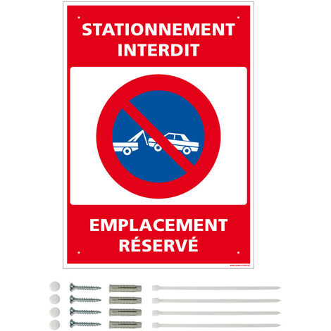 Panneau de signalisation prépercé PVC ou ALU rectangulaire + kit de fixation - Stationnement interdit, emplacement réservé - ALU 2 mm - 300 x 420 mm