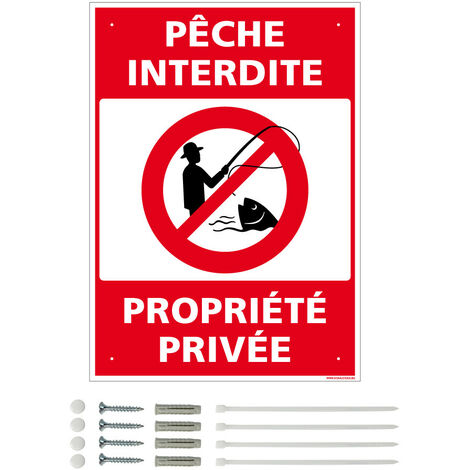 Panneau de signalisation prépercé PVC ou ALU rectangulaire + kit de fixation - Pêche interdite, propriété privée - PVC 1 mm - 300 x 420 mm