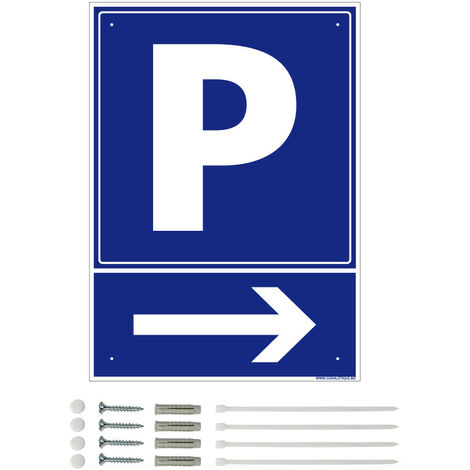 Panneau de signalisation prépercé PVC ou ALU rectangulaire + kit de fixation - Parking flèche à droite - PVC 1 mm - 300 x 420 mm