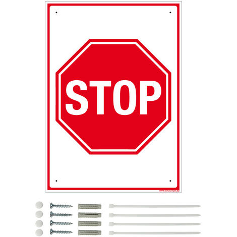 Panneau de signalisation prépercé PVC ou ALU rectangulaire + kit de fixation - Stop - PVC 1 mm - 210 x 300 mm
