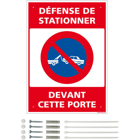 Panneau de signalisation prépercé PVC ou ALU rectangulaire + kit de fixation - Défense de stationner devant cette porte - ALU 2 mm - 150 x 210 mm
