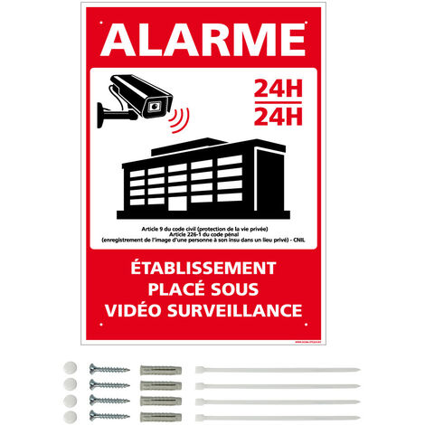 Panneau de signalisation prépercé PVC ou ALU rectangulaire + kit de fixation - Alarme, établissement placé sous vidéo surveillance - PVC 1 mm - 210 x 300 mm