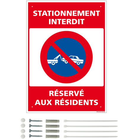 Panneau de signalisation prépercé PVC ou ALU rectangulaire + kit de fixation - Stationnement interdit, réservé aux résidents - ALU 2 mm - 150 x 210 mm