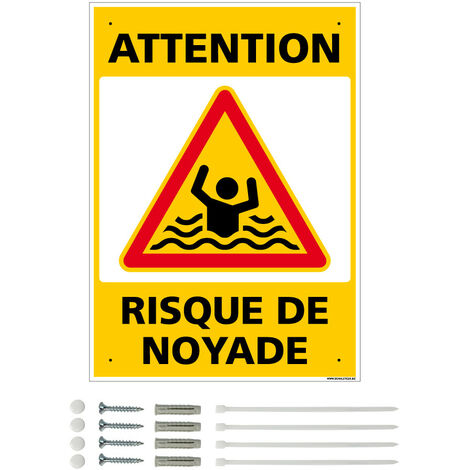 Panneau de signalisation prépercé PVC ou ALU rectangulaire + kit de fixation - Attention, risque de noyade - PVC 1 mm - 210 x 300 mm