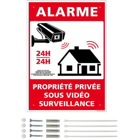 Panneau de signalisation prépercé PVC ou ALU rectangulaire + kit de fixation - Alarme, propriété privée sous vidéo surveillance - PVC 1 mm - 150 x 210 mm