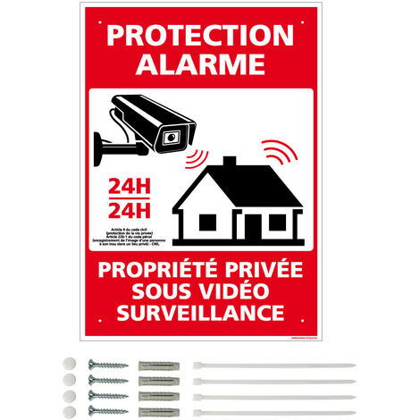 Panneau de signalisation prépercé PVC ou ALU rectangulaire + kit de fixation - Protection alarme, propriété privée sous vidéo surveillance - PVC 1 mm - 150 x 210 mm