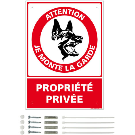 Panneau de signalisation prépercé PVC ou ALU rectangulaire + kit de fixation - Attention, je monte la garde propriété privée - PVC 1 mm - 150 x 210 mm