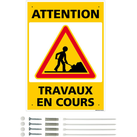 Panneau de signalisation prépercé PVC ou ALU rectangulaire + kit de fixation - Attention, travaux en cours - ALU 2 mm - 300 x 420 mm