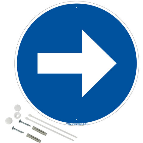 Panneau de signalisation rétro réfléchissant rond prépercé PVC ou ALU diam 250mm ou 300mm + Kit de fixation pour pose facile, rapide - Flèche à droite - Plastique PVC 1 mm - Rétroréfléchissant - Diam.