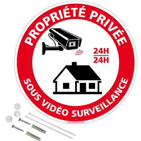 Panneau de signalisation rétro réfléchissant rond prépercé PVC ou ALU diam 250mm ou 300mm + Kit de fixation pour pose facile, rapide - Propriété privée sous vidéosurveillance 24h24 - Aluminium 2 mm -