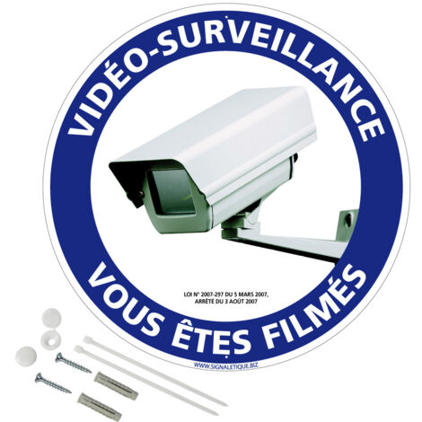 Panneau de signalisation rétro réfléchissant rond prépercé PVC ou ALU diam 250mm ou 300mm + Kit de fixation pour pose facile, rapide - Vidéo-surveillance vous êtes filmés - Plastique PVC 1 mm - Rétror