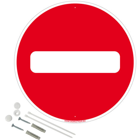 Panneau de signalisation rétro réfléchissant rond prépercé PVC ou ALU diam 250mm ou 300mm + Kit de fixation pour pose facile, rapide - Sens interdit - Plastique PVC 1 mm - Rétroréfléchissant - Diam. 2