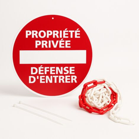Propriété privée défense d'entrer disque rigide prépercé avec chaine plastique rouge/blanc avec collier de serrage de serrage - panneau rond signalisation