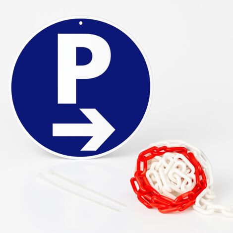 Parking flèche à droite disque rigide prépercé avec chaine plastique rouge/blanc avec collier de serrage de serrage - panneau rond signalisation Diamètre 300 mm