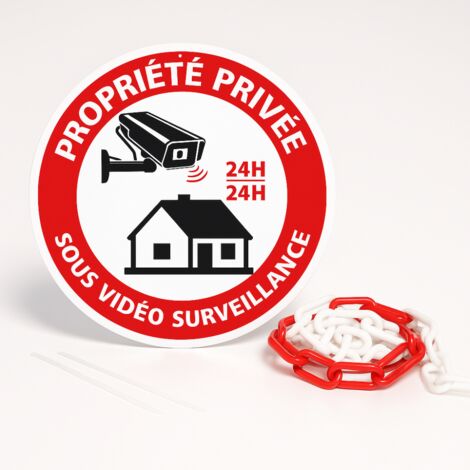 Panneau propriété privée sous vidéosurveillance 24h/24 disque rigide prépercé avec chaine plastique rouge/blanc avec collier de serrage de serrage Diamètre 300 mm