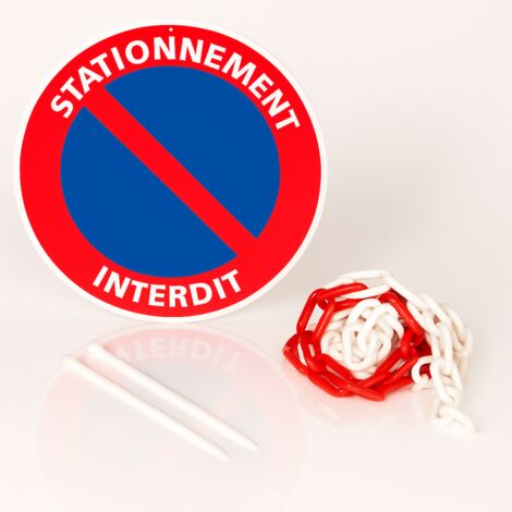 Stationnement interdit disque rigide prépercé avec chaine plastique rouge/blanc avec collier de serrage de serrage - panneau rond signalisation Diamètre 300 mm