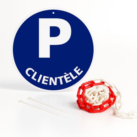 Parking clientèle disque rigide prépercé avec chaine plastique rouge/blanc avec collier de serrage de serrage - panneau rond signalisation Diamètre 300 mm