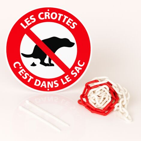 Les crottes c'est dans le sac disque rigide prépercé avec chaine plastique rouge/blanc avec collier de serrage de serrage - panneau rond signalisation Diamètre 300 mm