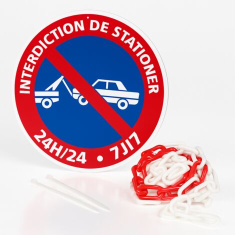 Interdiction de stationner 24h/24 7j/7 mise en fourrière panneau rond prépercé avec chaine plastique rouge/blanc avec collier de serrage de serrage Diamètre 300 mm (1/5)