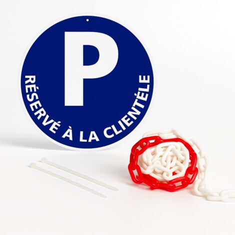 Parking réservé à la clientèle disque rigide prépercé avec chaine plastique rouge/blanc avec collier de serrage de serrage - panneau rond signalisation Diamètre 300 mm