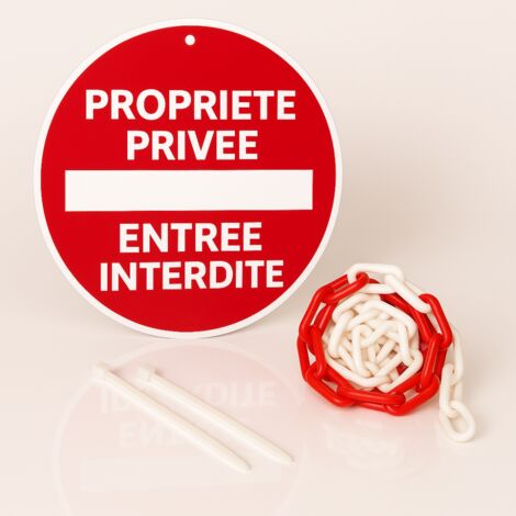 Propriété privée entrée interdite disque rigide prépercé avec chaine plastique rouge/blanc avec collier de serrage de serrage - panneau rond signalisation Diamètre 300 mm