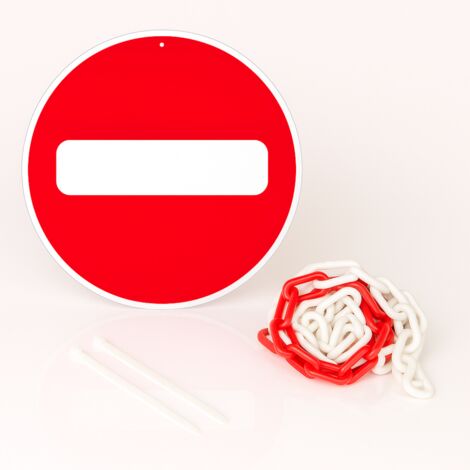 Sens interdit disque rigide prépercé avec chaine plastique rouge/blanc avec collier de serrage de serrage - panneau rond signalisation Diamètre 300 mm