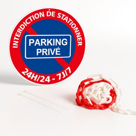Panneau parking privé interdiction de stationner 24h/24 7j/7 disque rigide prépercé avec chaine plastique rouge/blanc avec collier de serrage de serrage Diamètre 300 mm