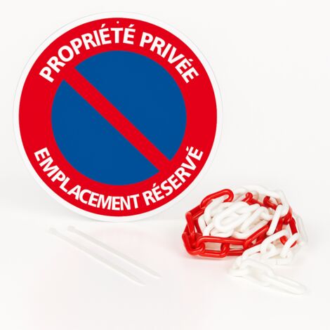 Panneau propriété privée emplacement reservé disque rigide prépercé avec chaine plastique rouge/blanc avec collier de serrage de serrage Diamètre 300 mm