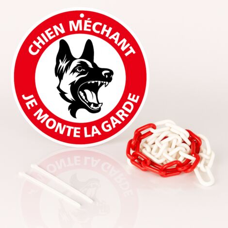Chien méchant je monte la garde disque rigide prépercé avec chaine plastique rouge/blanc avec collier de serrage de serrage - panneau rond signalisation Diamètre 300 mm