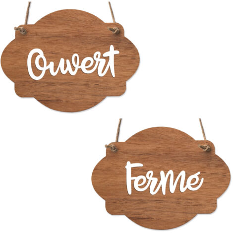 Plaque de porte en bois avec ventouse et cordelette Panneau ouvert fermé, pancarte toilettes, salle de bain.- Bois Foncé - Ouvert / Fermé