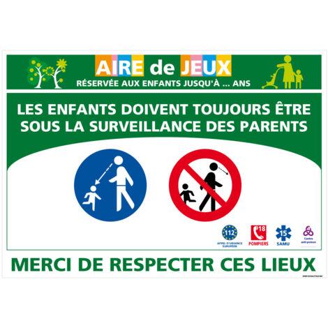 Panneau Aire de jeux. Panneau d'information personnalisable. Aire de jeux Surveillance. Sticker, PVC ou Alu, au choix - Adhésif - 420 x 300 mm
