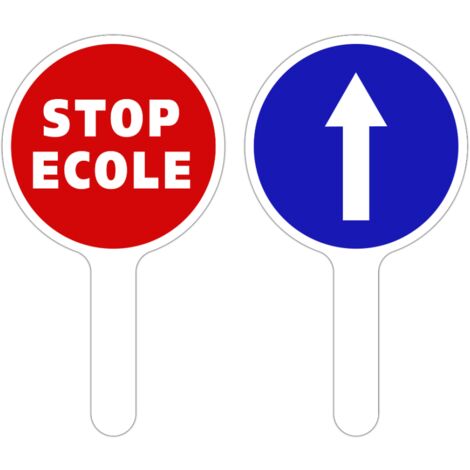 RAQUETTE DE SIGNALISATION. PALETTE DE SIGNALISATION. PANNEAU SIGNALISATION AIDE AU TRAFIC. PANNEAU K10. PANNEAU A MAIN CIRCULATION. - Stop école / Flèche bleue