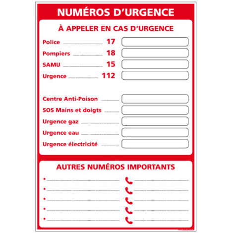 PANNEAU AFFICHAGE NUMEROS D'URGENCE (A0631) - Aluminium 2 mm - 450 x 630 mm