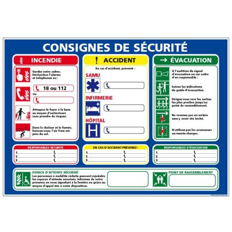 CONSIGNES SÉCURITÉ INCENDIE / ACCIDENT (A673) - Adhésif - 300 x 420 mm