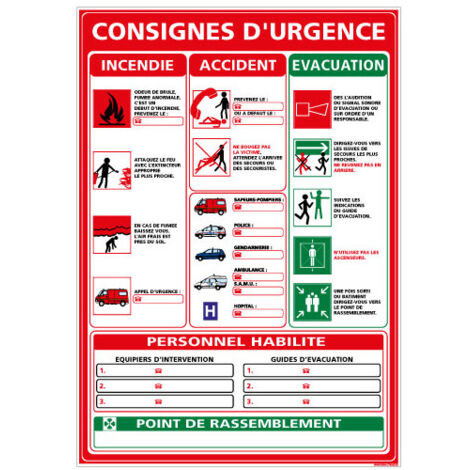 Panneau CONSIGNES GÉNÉRALES EN CAS D’URGENCE à compléter – PVC 1,5 mm – 300 x 420 mm
