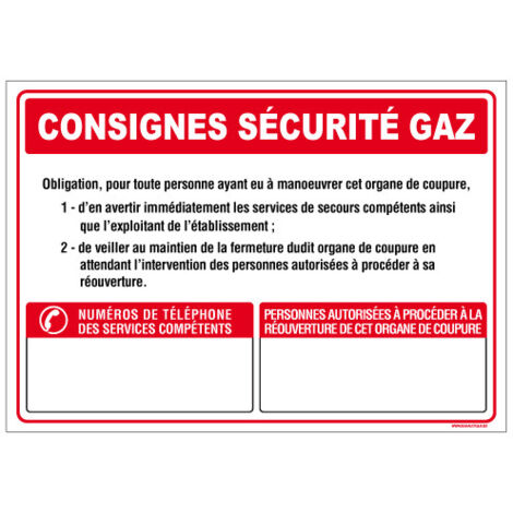Panneau CONSIGNES SECURITE GAZ (A0619) - Plastique PVC 1,5 mm - 420 x 300 mm