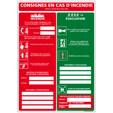 CONSIGNES EN CAS D'INCENDIE - EVACUATION (A0511) - Plastique PVC 1,5 mm - 450 x 630 mm