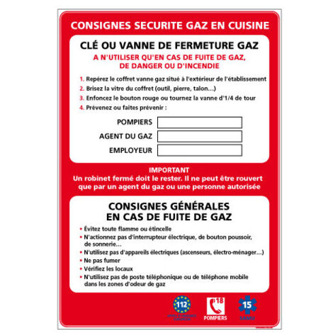 Panneau CONSIGNES SECURITE GAZ CUISINE (A0622) - Adhésif - 150 x 210 mm