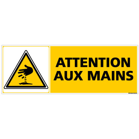 Panneau danger attention aux mains - Adhésif 210x75 mm - Prévention des risques pour les mains, résistant aux UV et intempéries